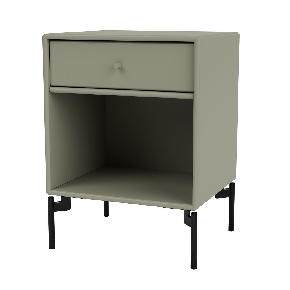 Grauer Nachttisch mit Schublade und offenem Fach, DREAM Design mit schwarzem Gestell.
