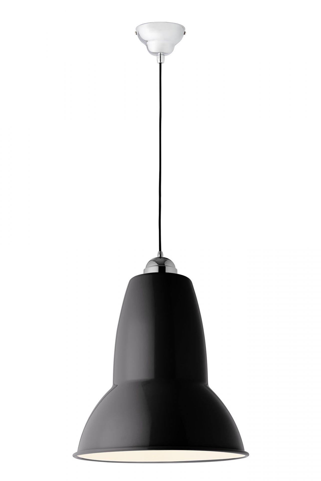 Nahaufnahme der Anglepoise Original 1227 Giant Pendant Hängeleuchte in Schwarz, modernes Design für Wohn- und Gewerberäume.