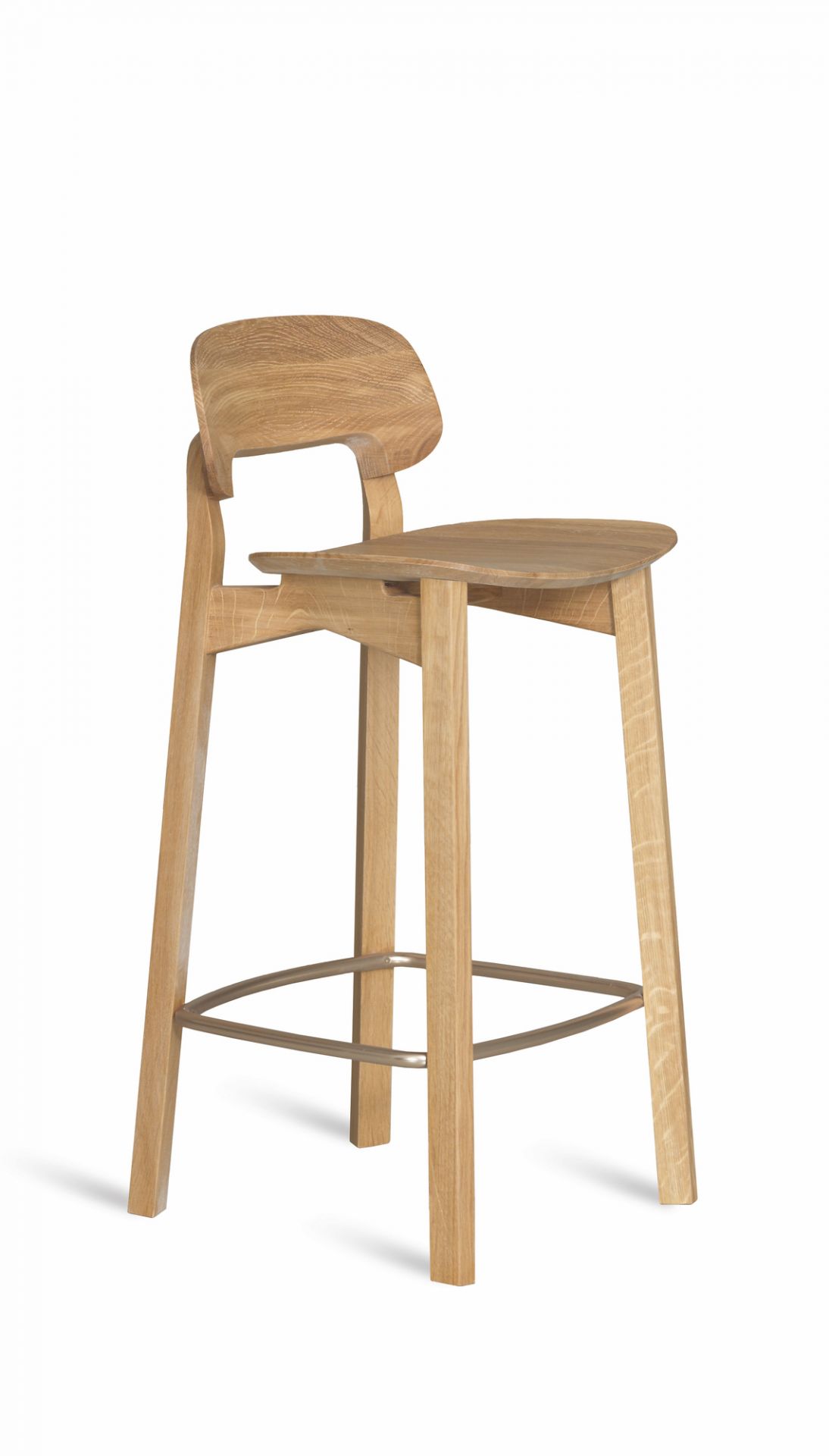 Nonoto Barhocker aus Eiche mit Rückenlehne und Fußstütze, Sitzhöhe 65 cm, modernes Design.