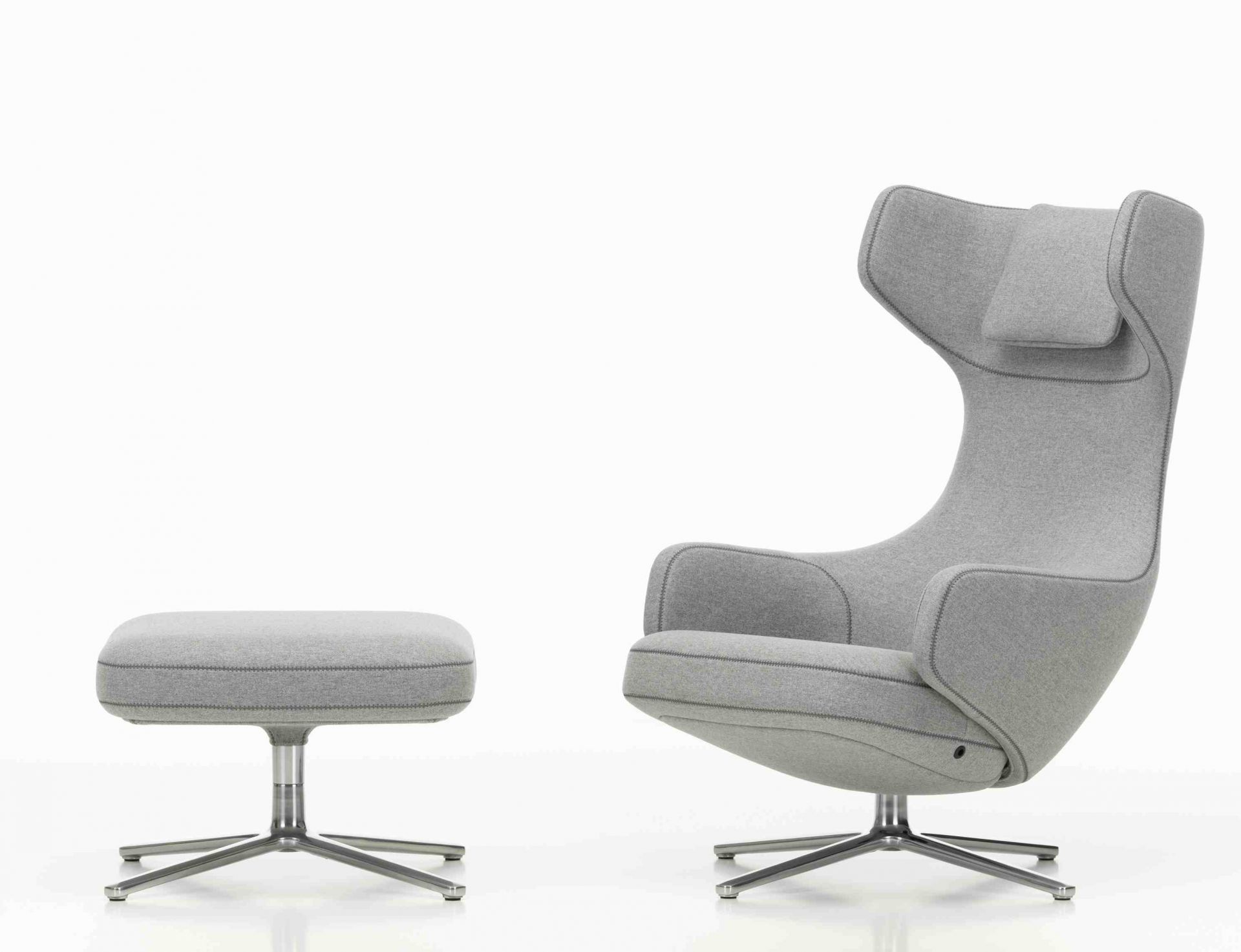Grand Repos Sessel mit Ottoman von Vitra, Bezug Cosy Kieselstein, moderner Relaxsessel mit Fußhocker.