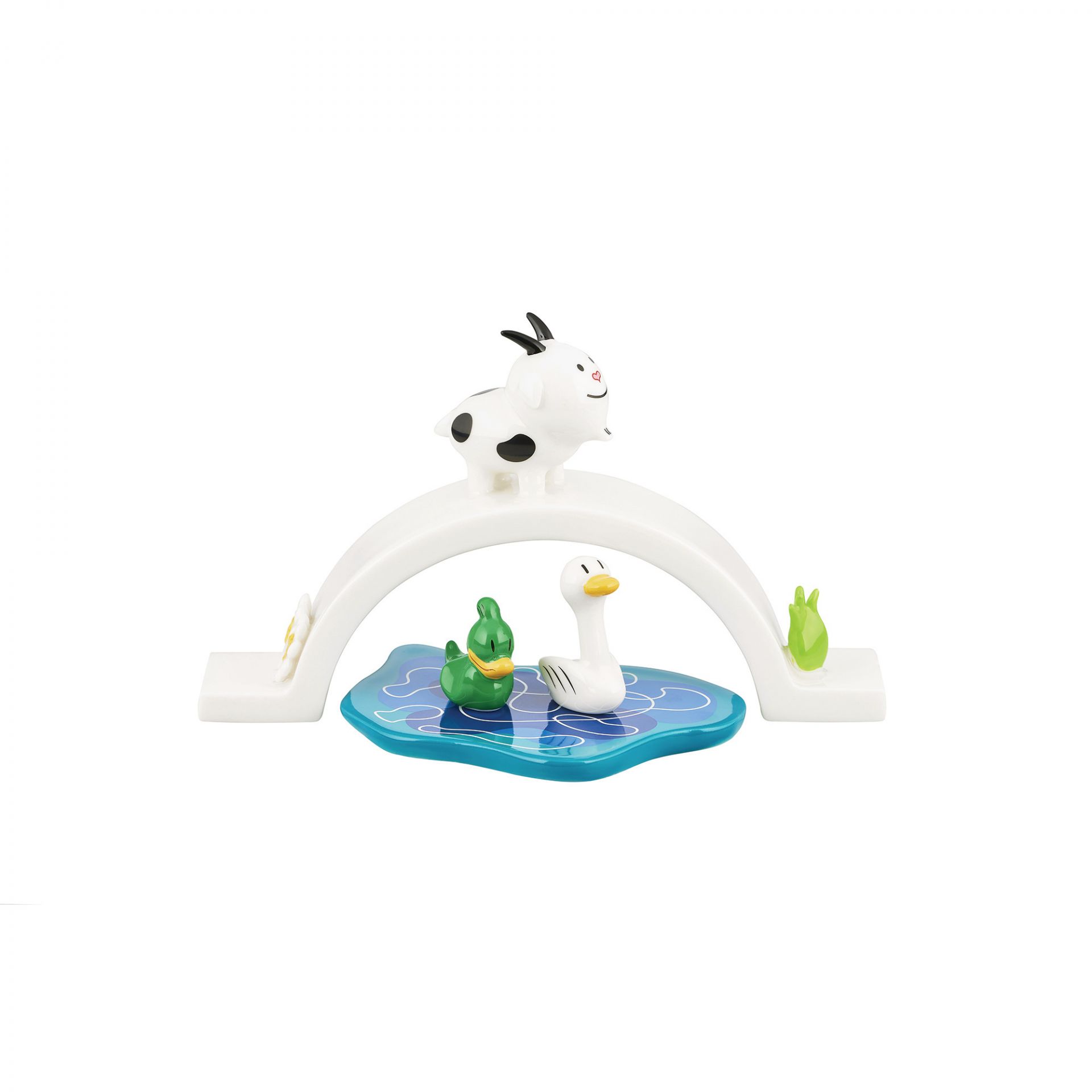 Alessi Happy Eternity Baby Brücke: Porzellanfigur mit Kuh, Ente und Schwan auf blauem See.