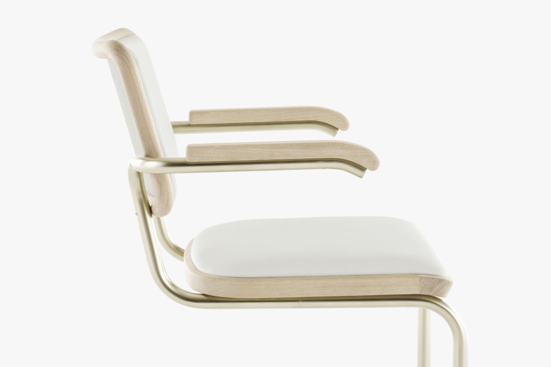 JS. Thonet S 64 P Freischwinger Stuhl, seitliche Ansicht, weißes Leder, Holzarmlehnen und verchromtes Stahlrohrgestell.