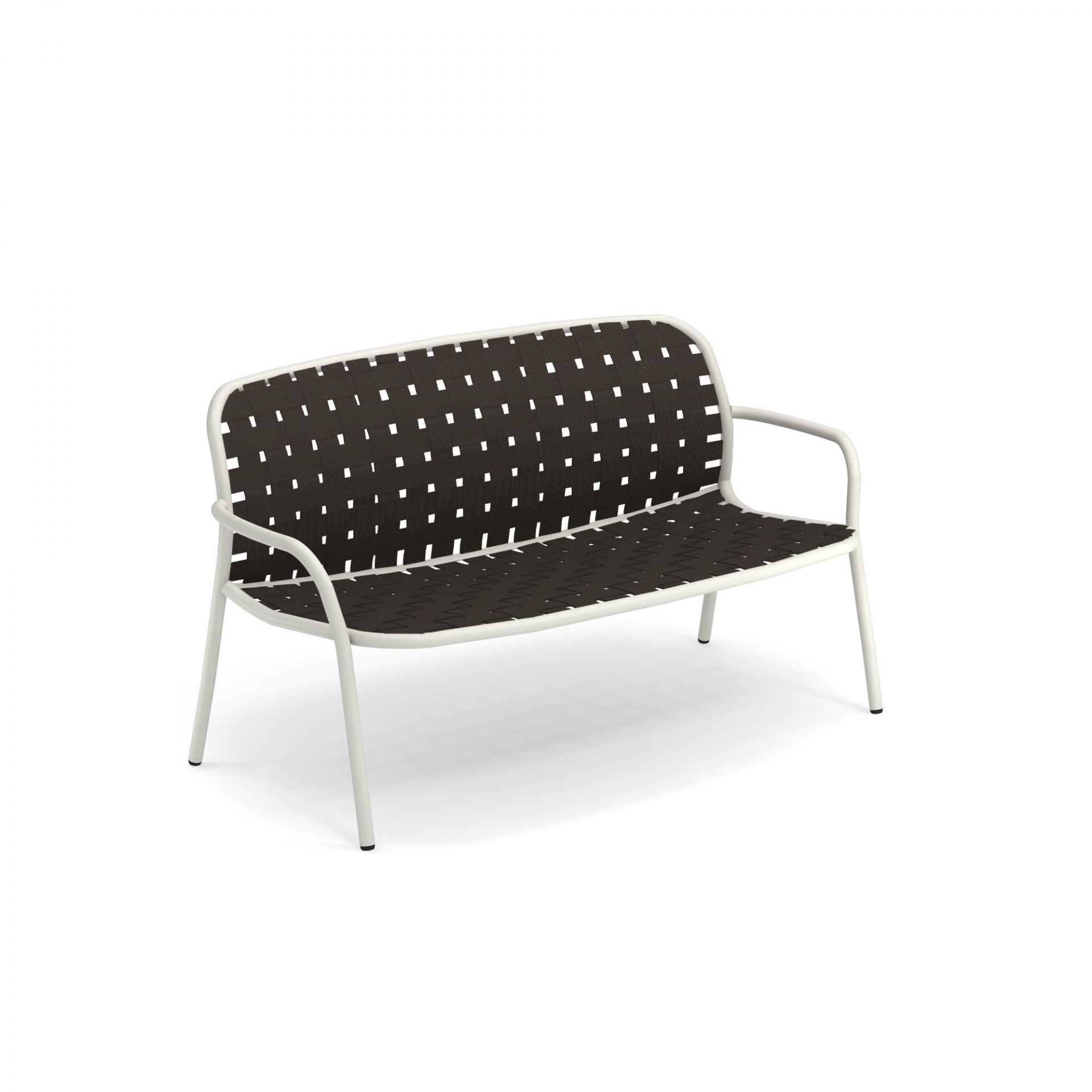 Emu Yard Sofa 2-Sitzer Bank mit weißem Rahmen und braunem, gewebtem Sitz für den Außenbereich.