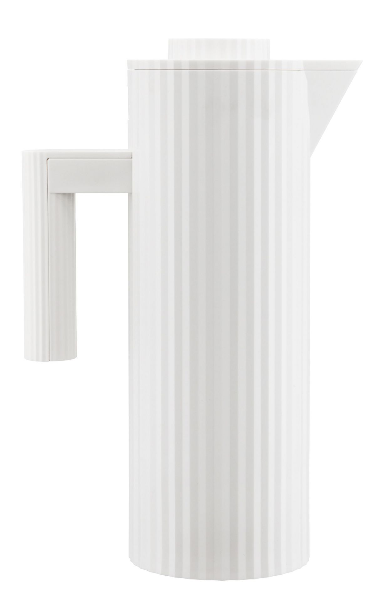 Weiße Alessi Isolierkanne MDL12 mit Plissee-Design, ideal für Tee, Kaffee und andere Heißgetränke.
