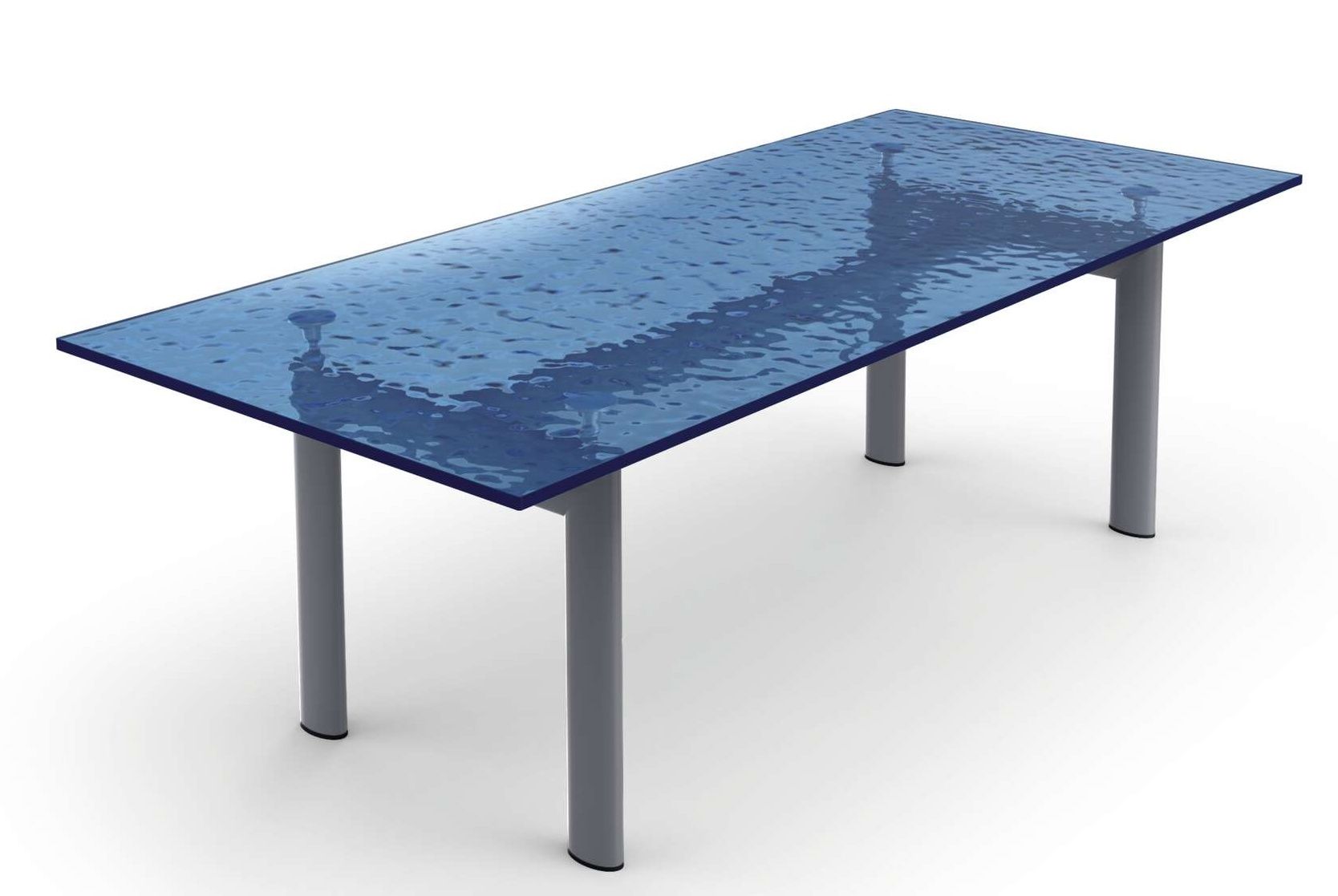 LC6 Table tube d´avion Esstisch von Cassina mit blauer Glasplatte und grauen Stahlrohrbeinen.