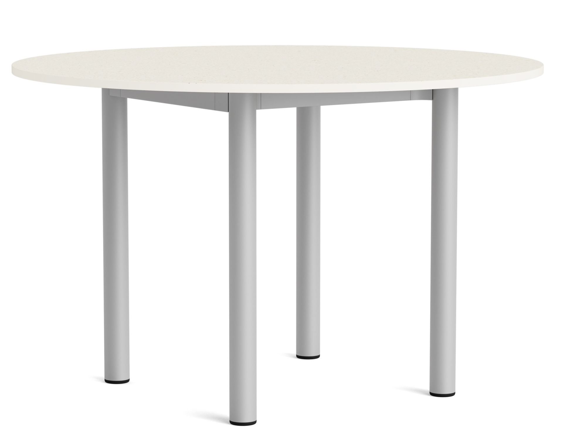 Annex Table Round Esstisch von Hay, runder Tisch mit beiger Tischplatte und vier silbernen Beinen.