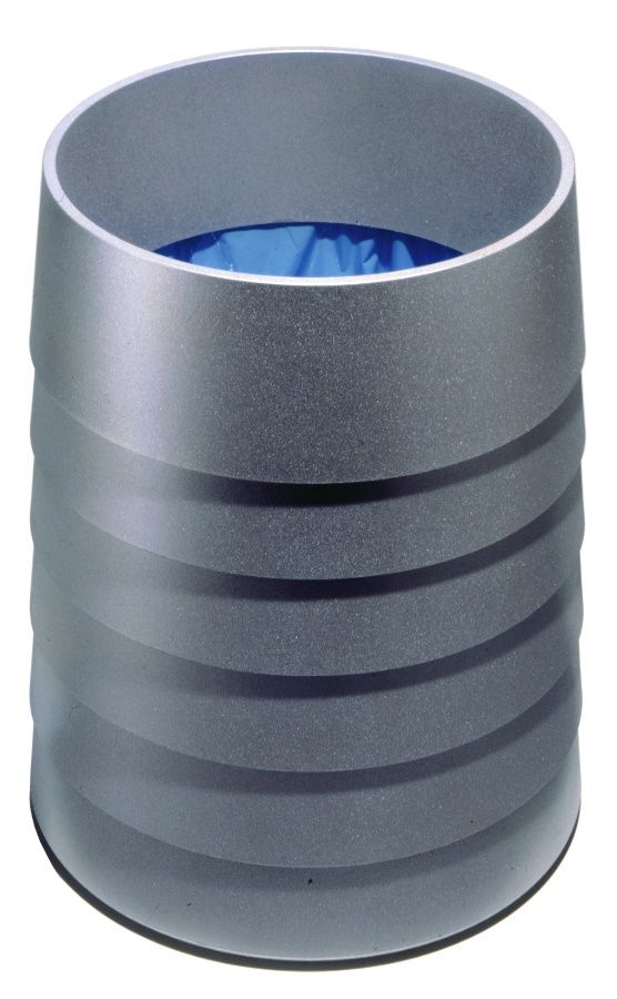 Status Papierkorb von Rexite, moderner, runder Abfalleimer aus grauem Metall mit blauer Innenseite.