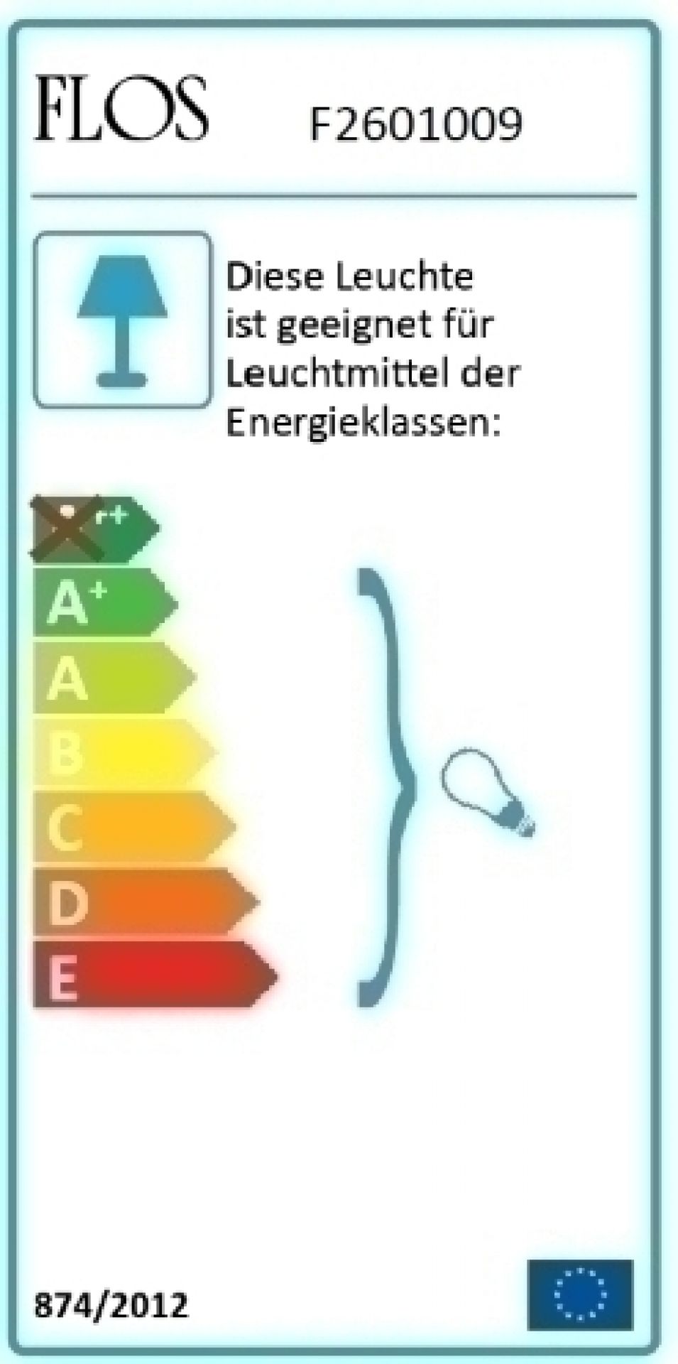 FLOS Leuchte Energieeffizienzlabel: Geeignet für Leuchtmittel der Energieklassen A++ bis E, Energieverbrauch und EU-Kennzeichnung.