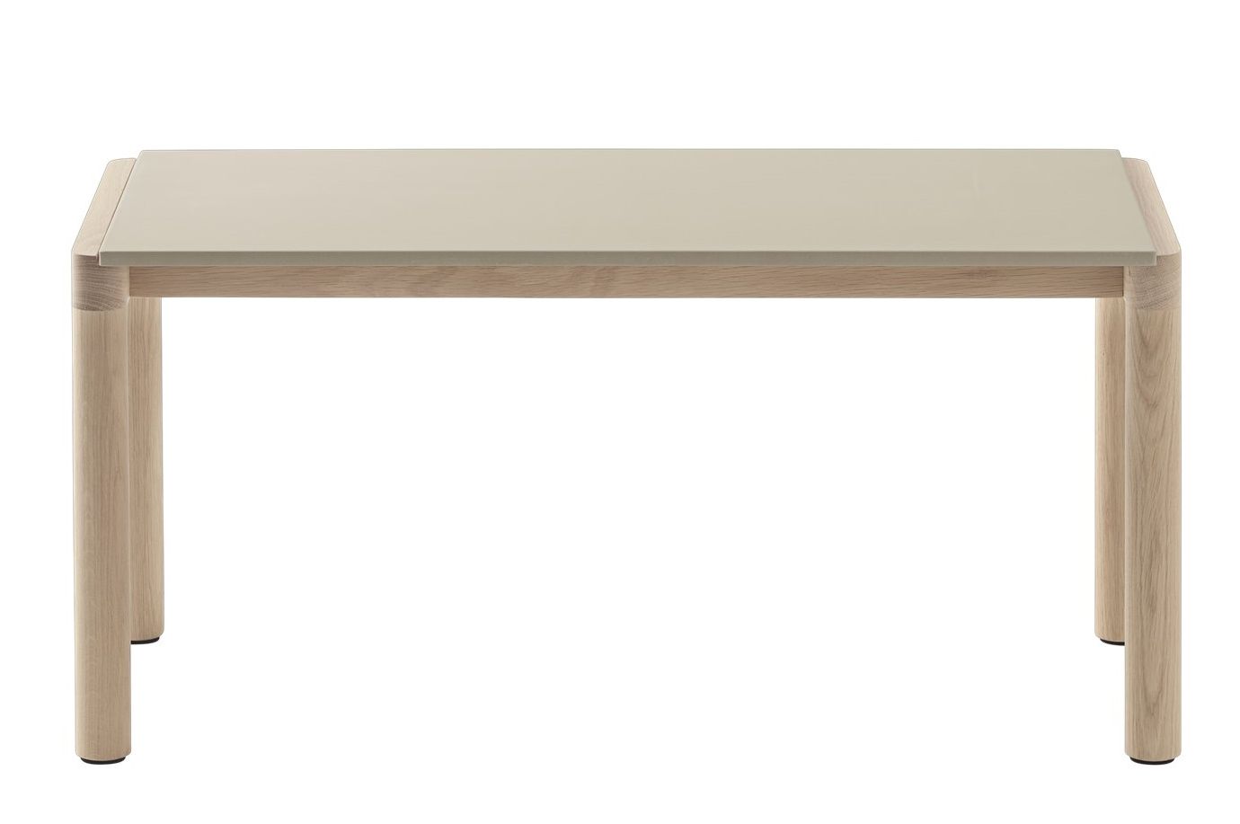 Muuto Couple Coffee Table: Rechteckiger Couchtisch mit hellgrauer Tischplatte und hellem Holzgestell, minimalistisches Design.