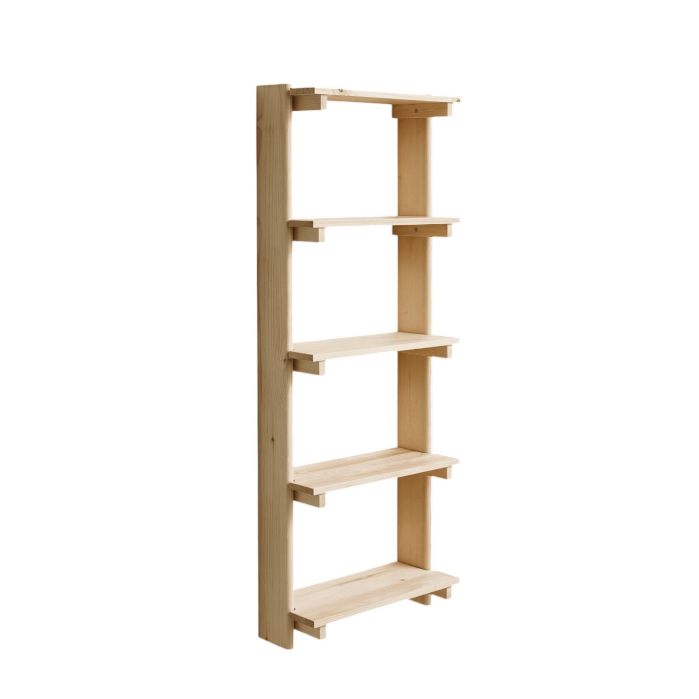 Beam Wandregal von Form & Refine aus hellem Holz mit fünf Ablageflächen für Wohnzimmer.