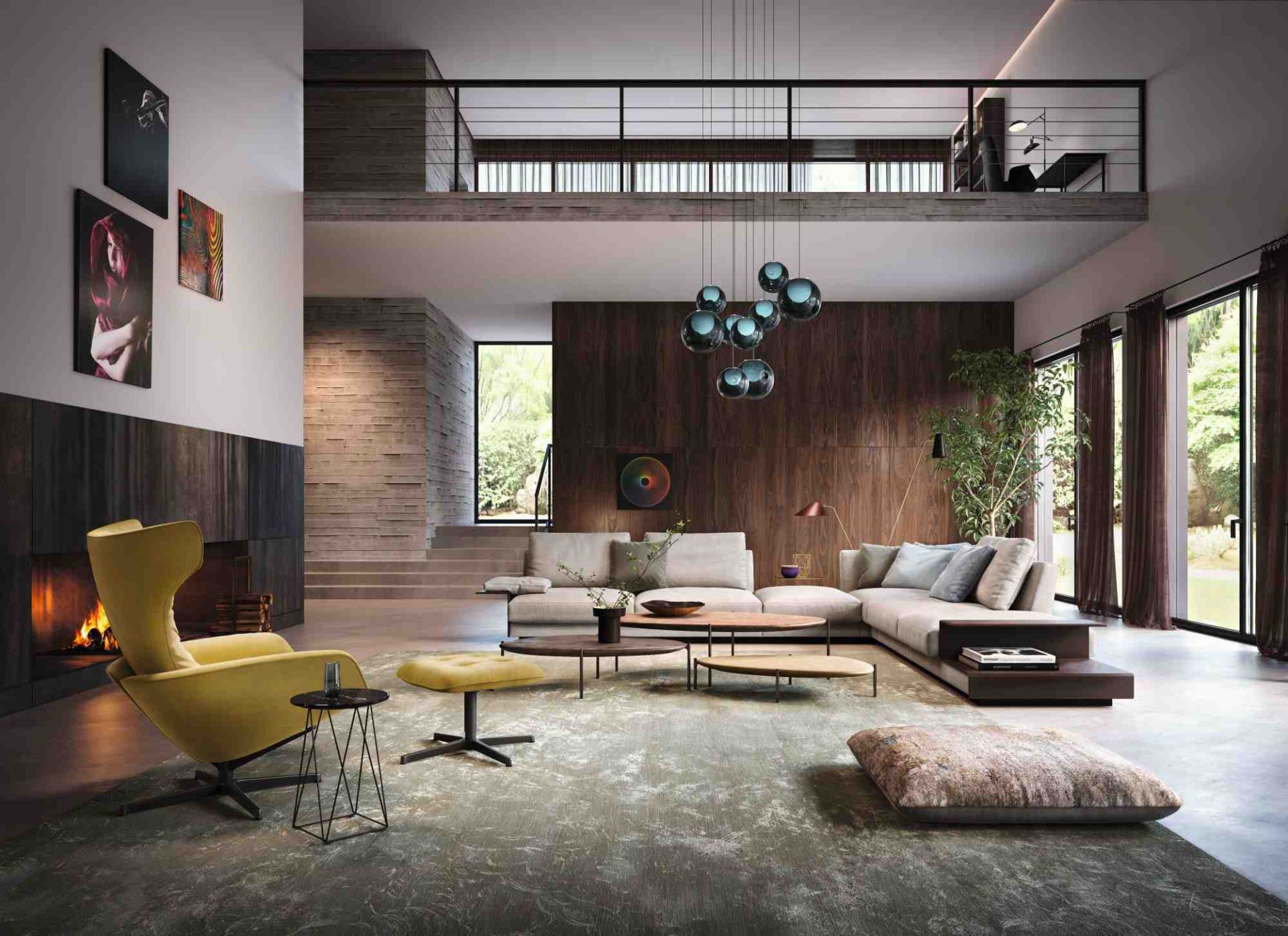 Wohnzimmer Interieur mit gelbem Sessel und Onsa Hocker von Walter Knoll, modernes Möbeldesign.