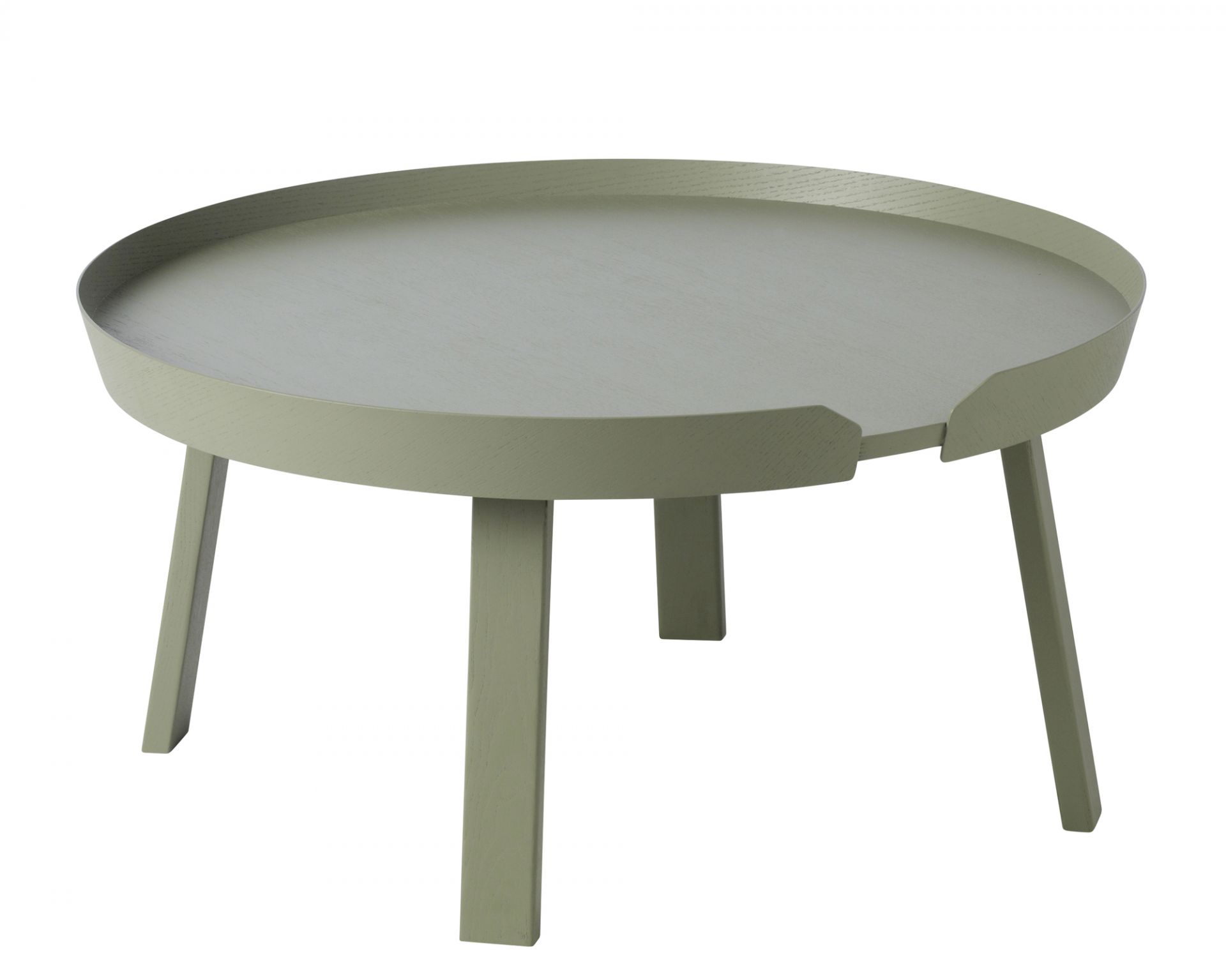 Muuto Around Coffee Table Large aus Eiche, runder Wohnzimmertisch in Grün mit drei Beinen.