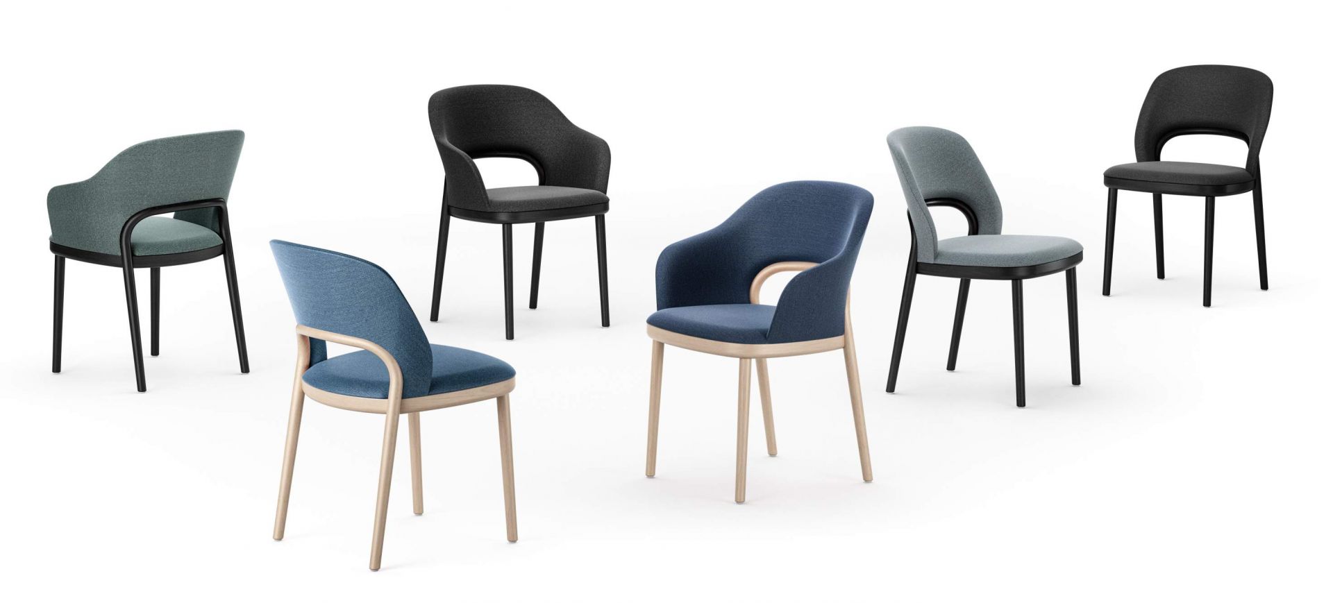 Mehrere Thonet 520 P Polsterstühle in verschiedenen Farben und Gestellvarianten auf weißem Hintergrund, geeignet für Esszimmer und Büro.