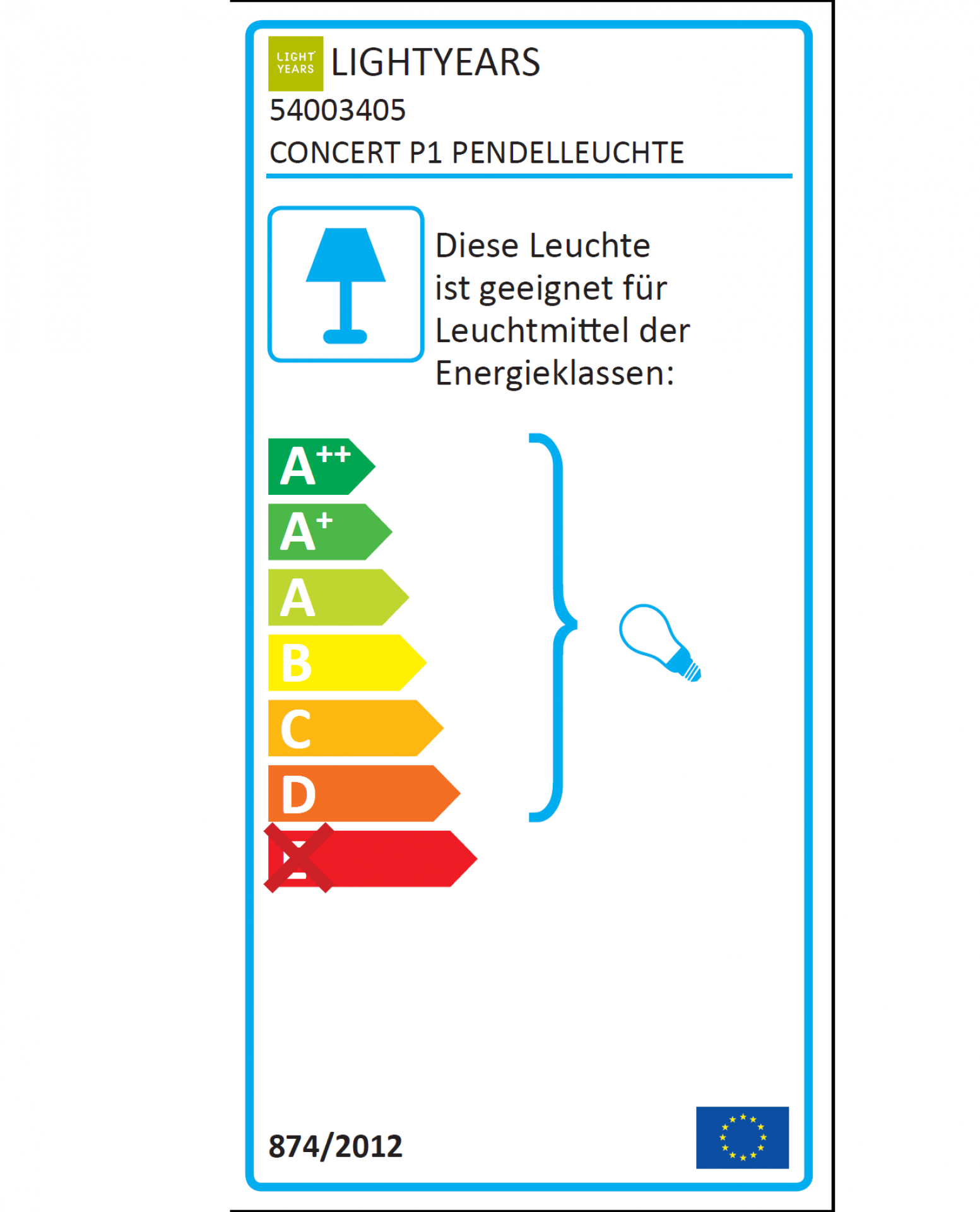 Energieeffizienzlabel für Fritz Hansen Concert Pendelleuchte P1, geeignet für Leuchtmittel der Energieklassen A++ bis D.