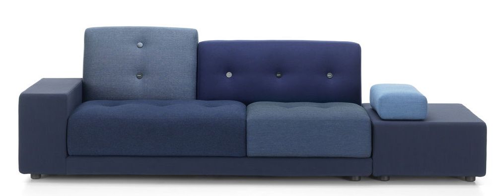 Vitra Polder Sofa in verschiedenen Blautönen, modernes Design Sofa mit Knopfdetails und Armlehne.