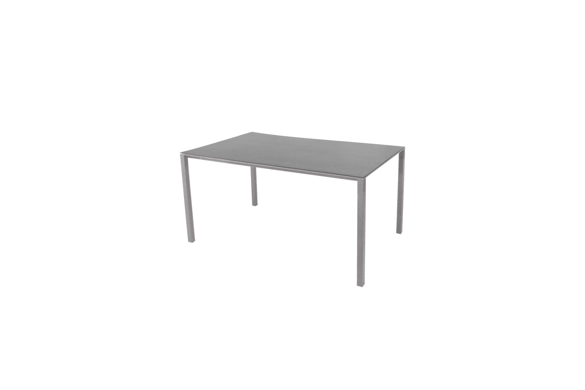 Cane-Line Pure Outdoor Esstisch mit grauer Tischplatte und silberfarbenem Gestell.