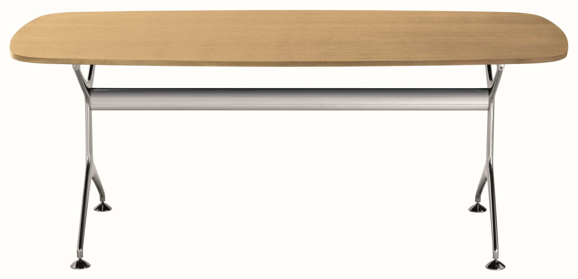 Frametable Tisch mit heller Holzplatte und verchromtem Gestell, ideal für Büro und Konferenzraum.