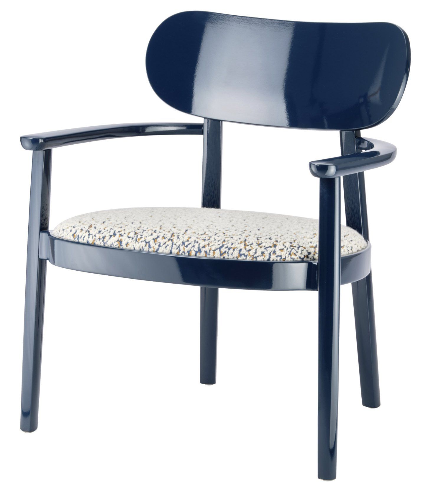 Blauer Holzstuhl mit Armlehnen und gepolstertem Sitz, Thonet-Design für Esszimmer und Wohnbereich.