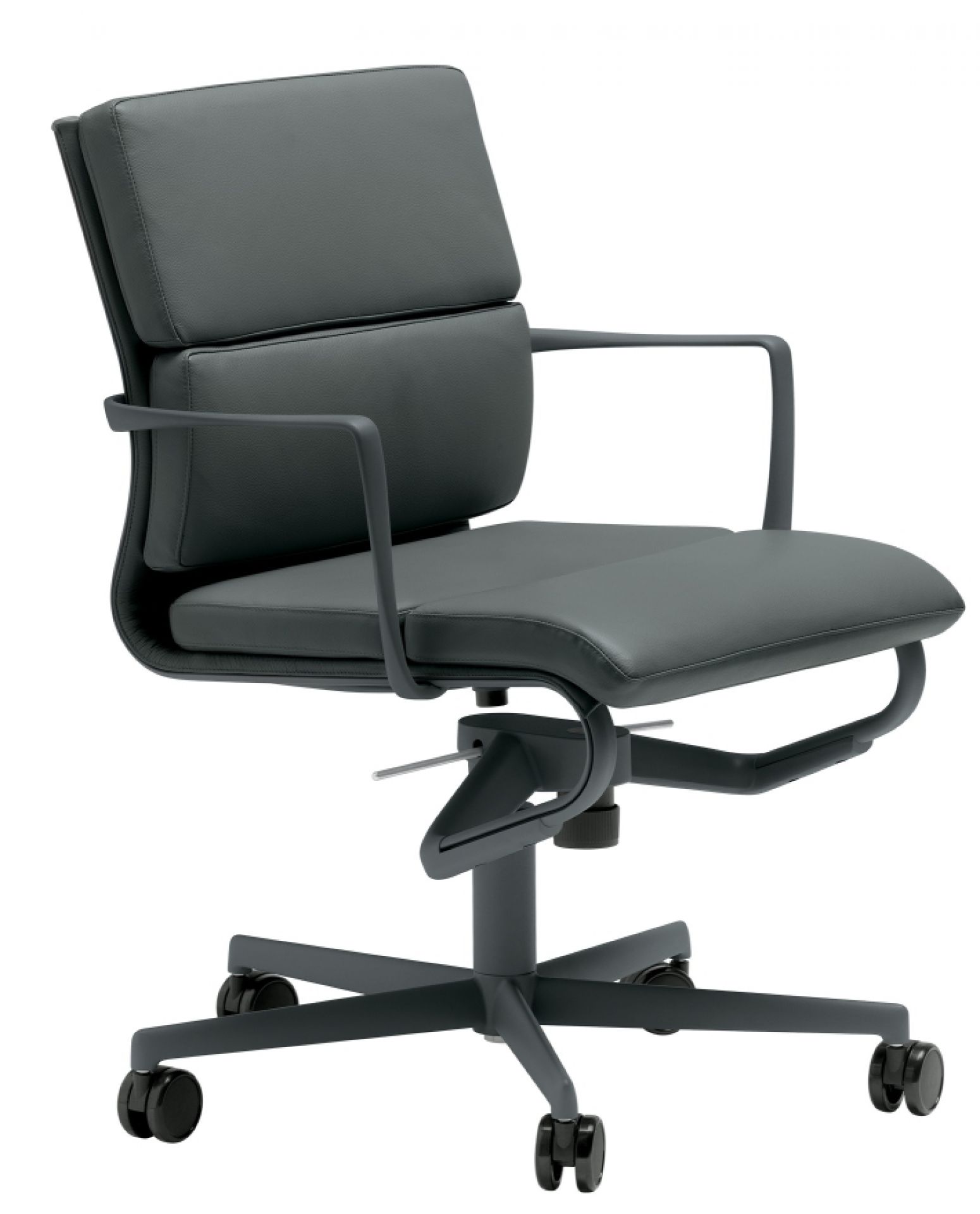 Grauer Rollingframe Drehstuhl mit Armlehnen und weicher Polsterung, ideal für Büro und Homeoffice.