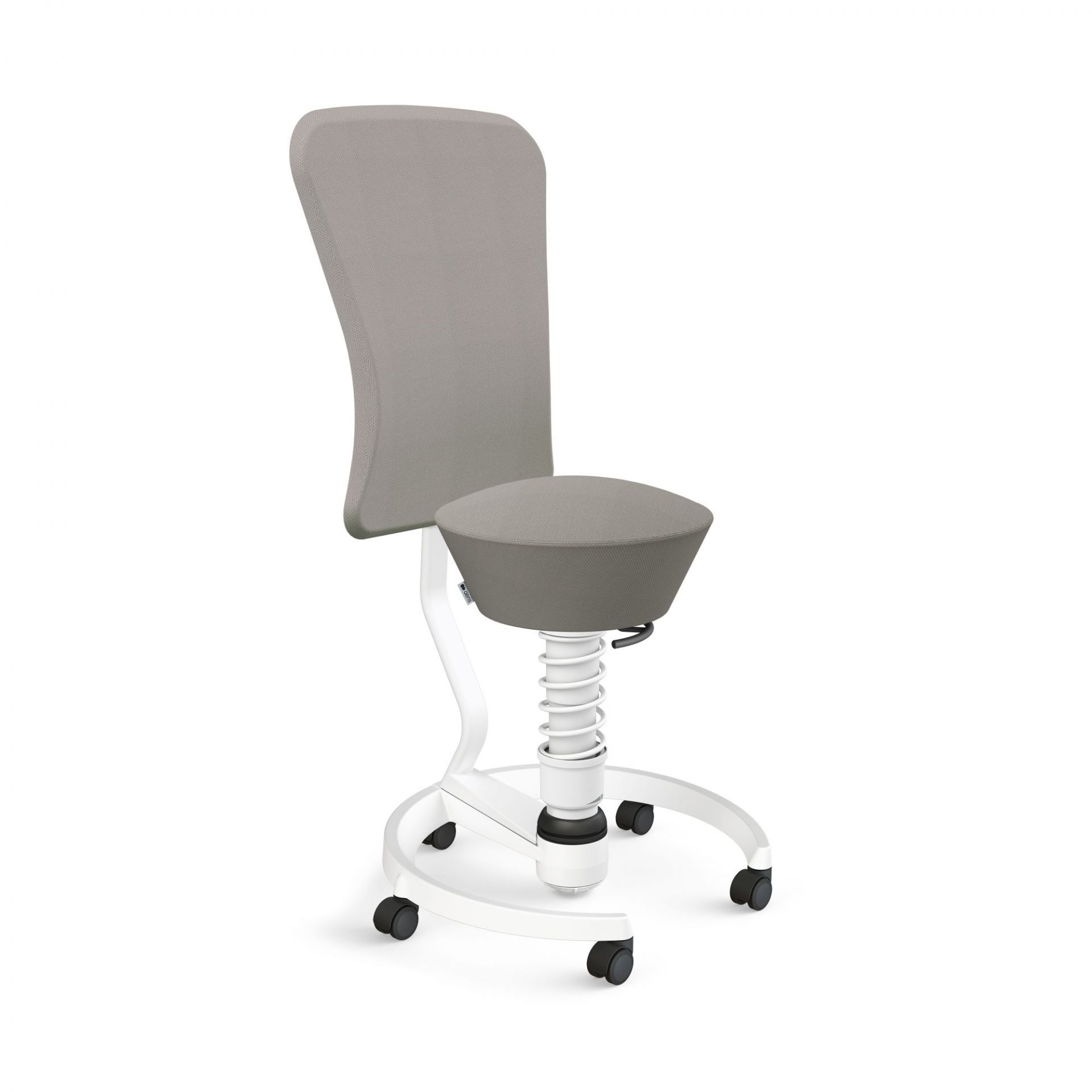 Grauer Bürostuhl mit Rückenlehne, Federung und Rollen, ergonomisch und modern für gesundes Sitzen.