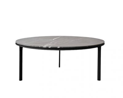 Runder Couchtisch Vipp mit grauer Marmorplatte und schwarzem Metallgestell, modernes Design.