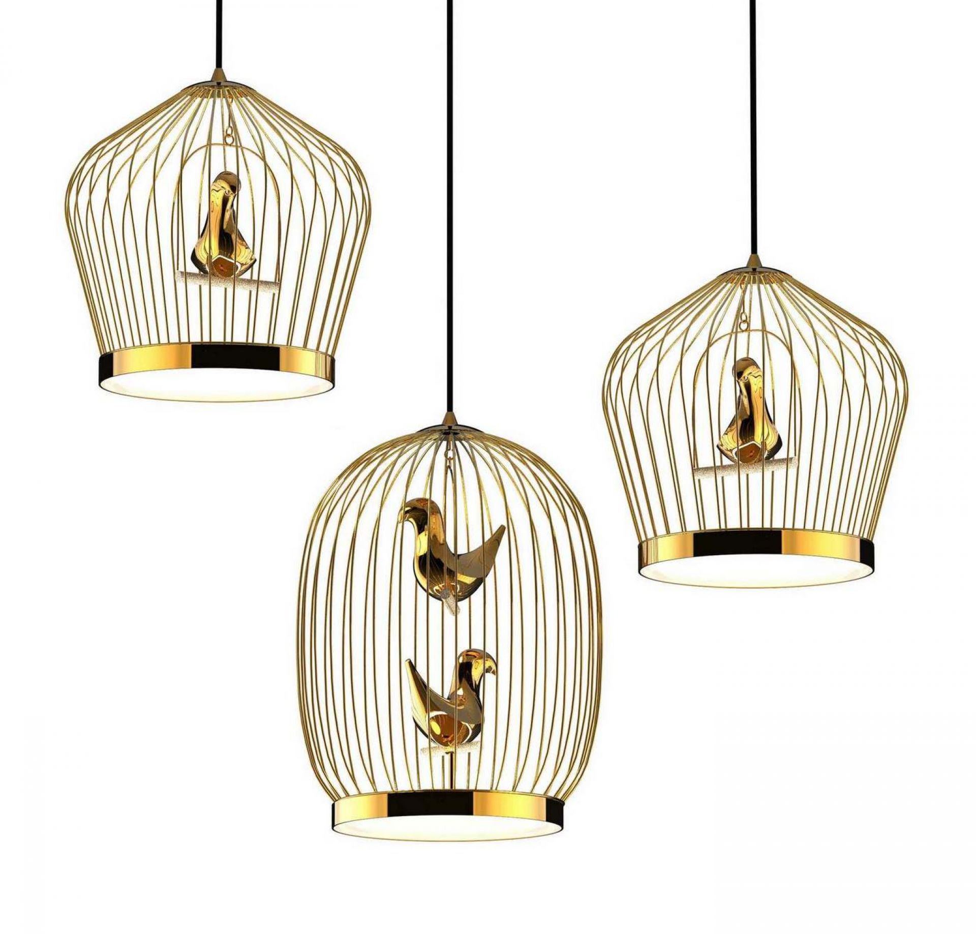 Twee T. Hängeleuchte von Casamania Horm: Drei goldene Vogelkäfig-Hängelampen mit goldenen Vogel-Dekorationen, modernes Design für Wohnzimmer und Esszimmer.
