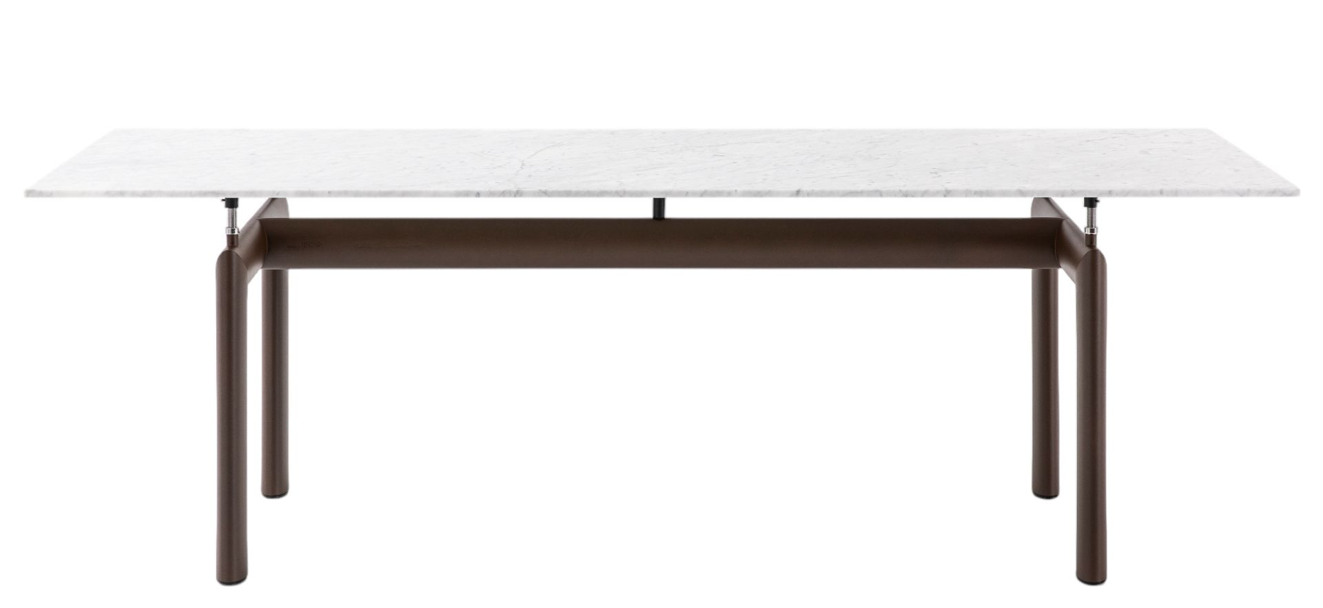 Cassina Tube D´avion Esstisch Outdoor: Rechteckiger Tisch mit weißer Marmorplatte und braunem Gestell.