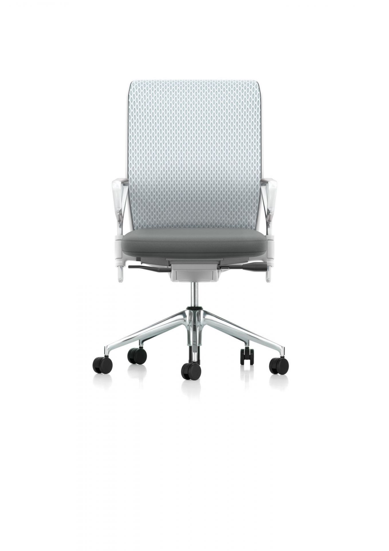 Vitra ID Chair Mesh Bürostuhl mit Lumbalstütze, grauer Sitzfläche und silbernem Fußkreuz.