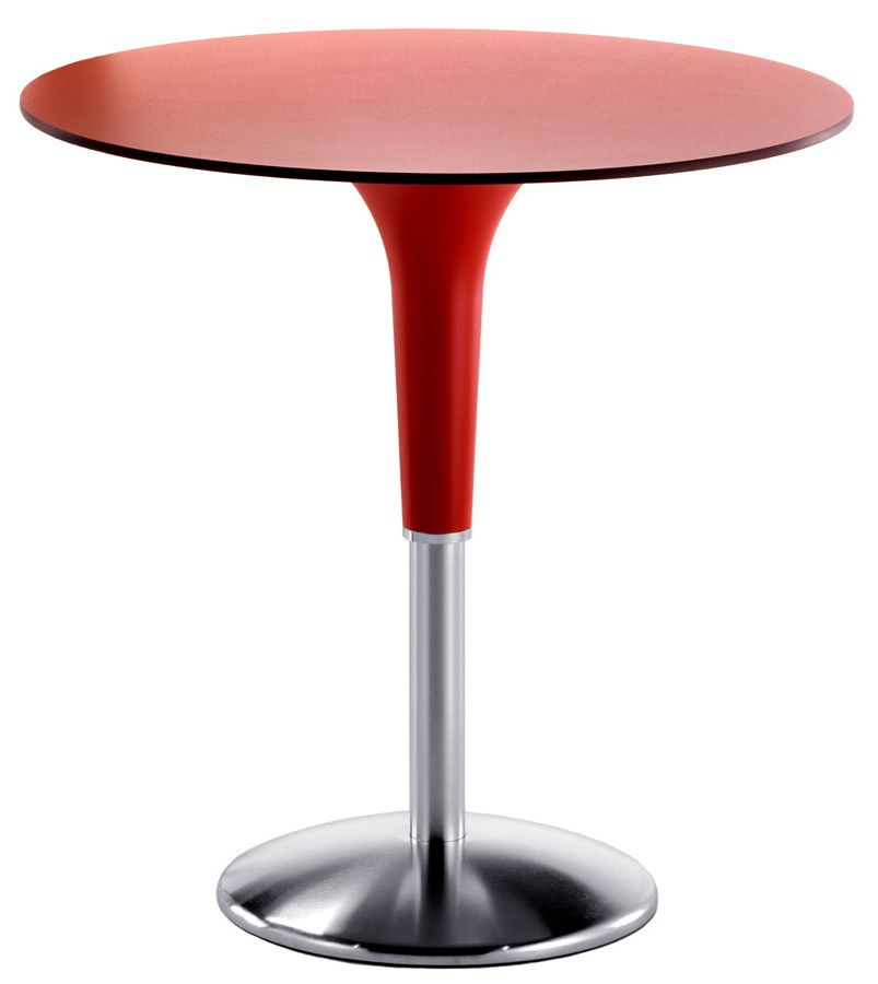 Zanziplano Tisch von Rexite, rotes Tischblatt und -fuß, silberner Sockel, modernes Design für Esszimmer.