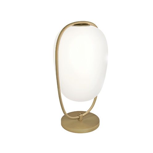 Lannà Table Tischleuchte Messing Kdln: Moderne Tischlampe mit opalweißem Glasschirm und Messinggestell.