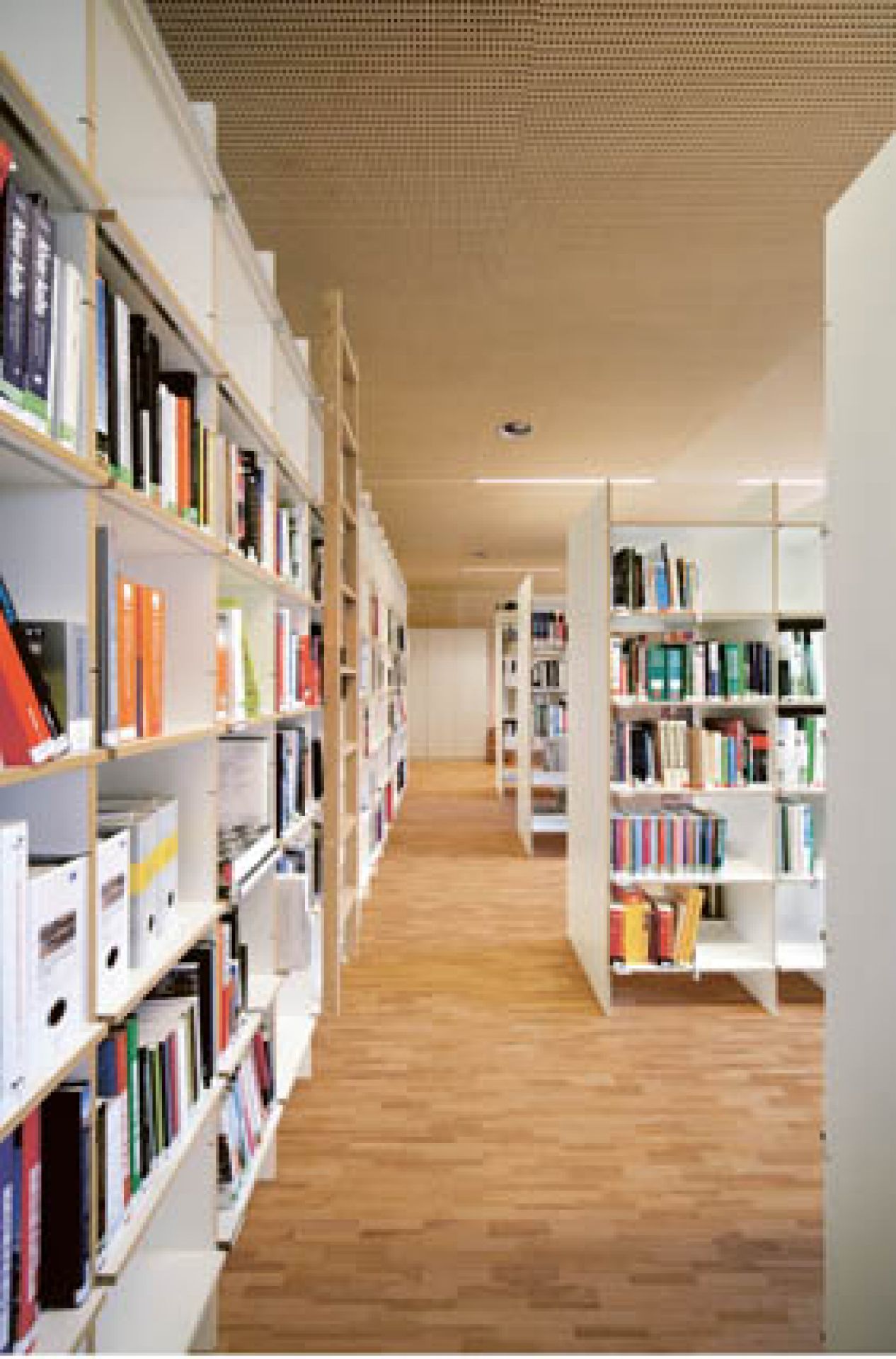 Helles Bücherregal, vermutlich FNP Regal von Moormann, gefüllt mit Büchern in Bibliothek.