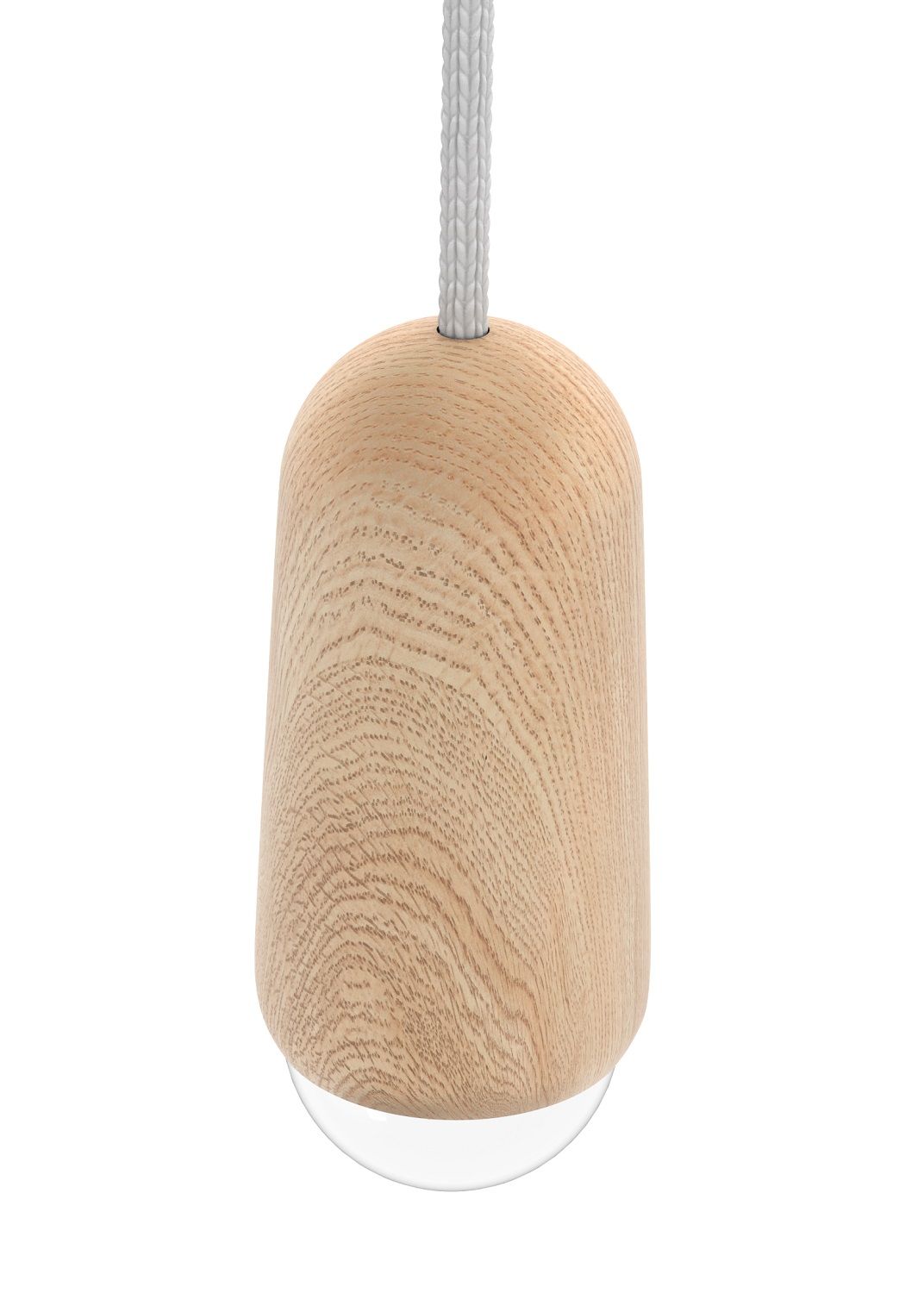 Luce Pendelleuchte von Hartô: Hängeleuchte aus hellem Holz mit weißem Kabel und Glaskuppel.