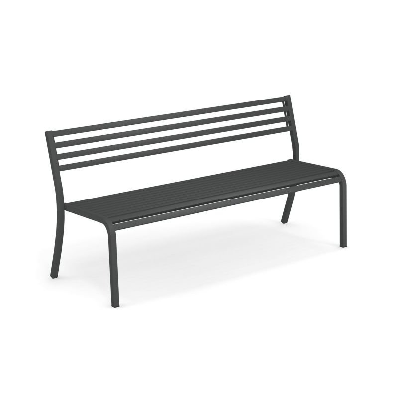 Graue Emu Bank, Modell Segno, 168 cm, für Garten und Terrasse. Metallbank mit Rückenlehne.