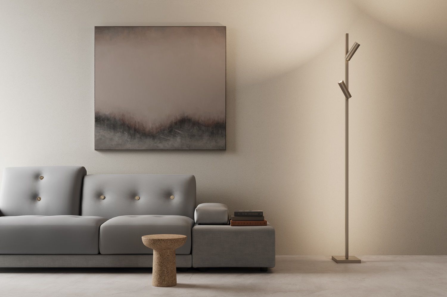 ZEN-X2 Stehleuchte im modernen Wohnzimmer mit grauem Sofa und abstraktem Gemälde.