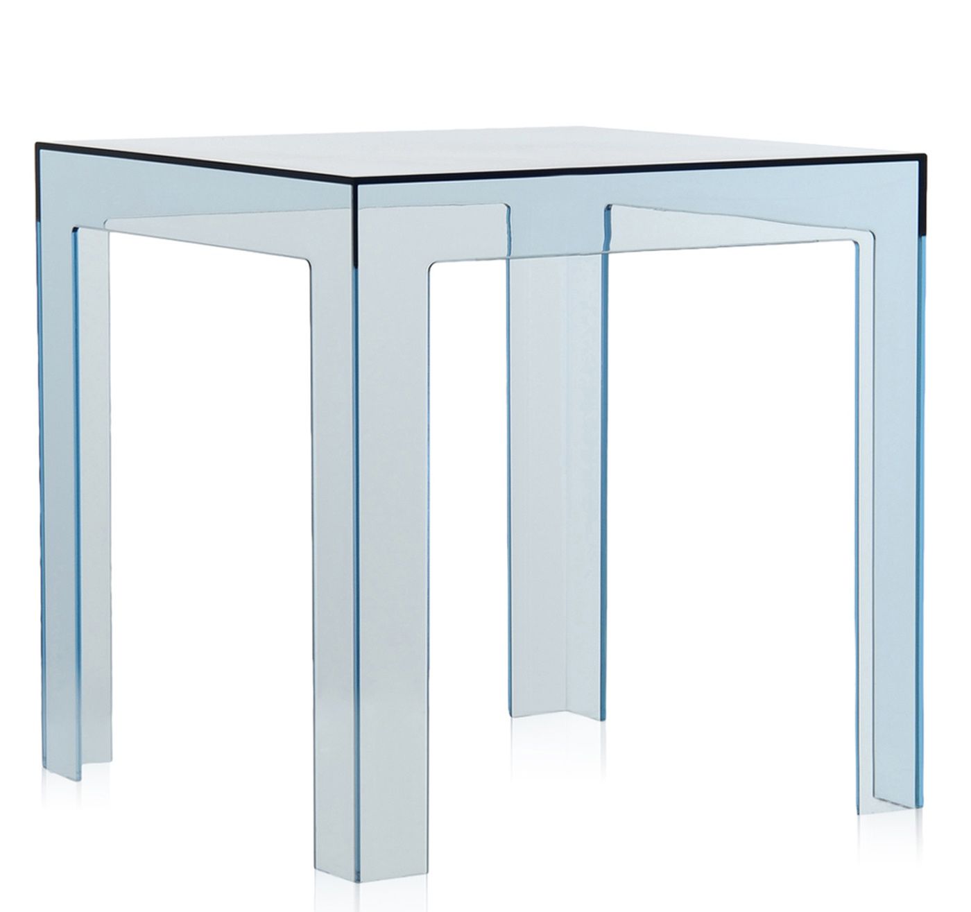 Blauer Kartell Jolly Beistelltisch aus transparentem Kunststoff, quadratisch, moderne Möbel für Wohnzimmer und Büro.