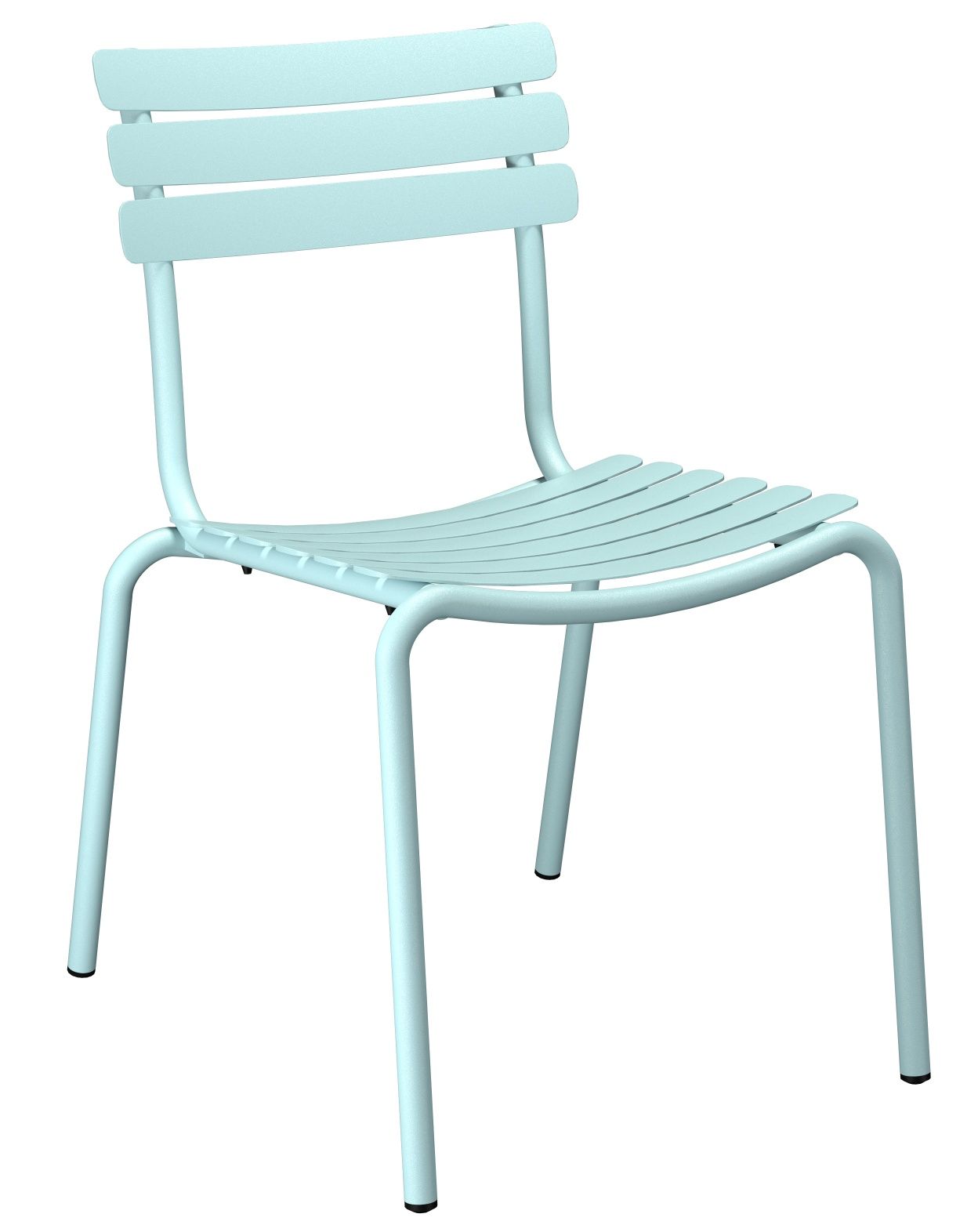 Alua Dining Chair von Houe, hellblauer Outdoor Stuhl aus Metall mit Lattenmuster.
