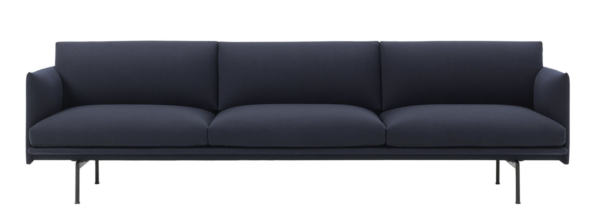 Muuto Outline Sofa, 3-Sitzer in Dunkelblau, modernes Design Sofa mit minimalistischem Stahlgestell für Wohnzimmer.