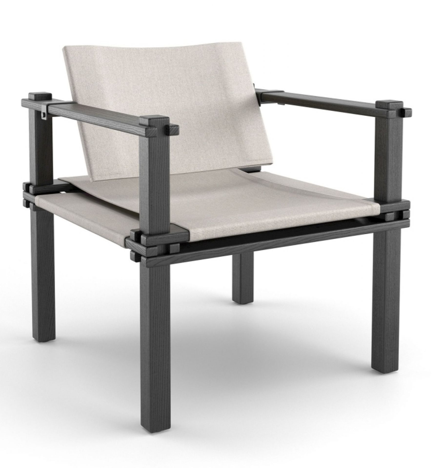 Farmer Sessel Outdoor Cor: Moderner Gartensessel mit grauem Holzrahmen und bequemer, beiger Stoffbespannung für den Außenbereich.