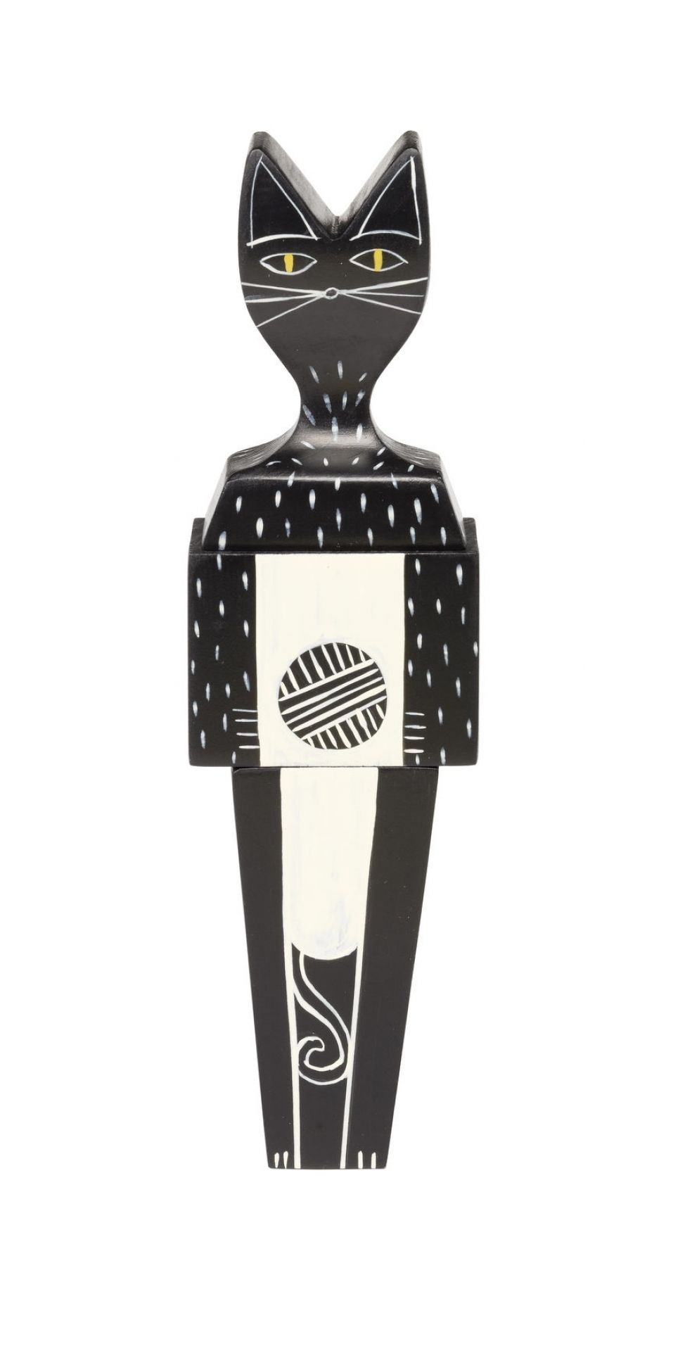 Holzfigur Katze, dekoratives Designobjekt, handbemalt in Schwarz und Weiß, moderne Holzskulptur für Wohnaccessoires.
