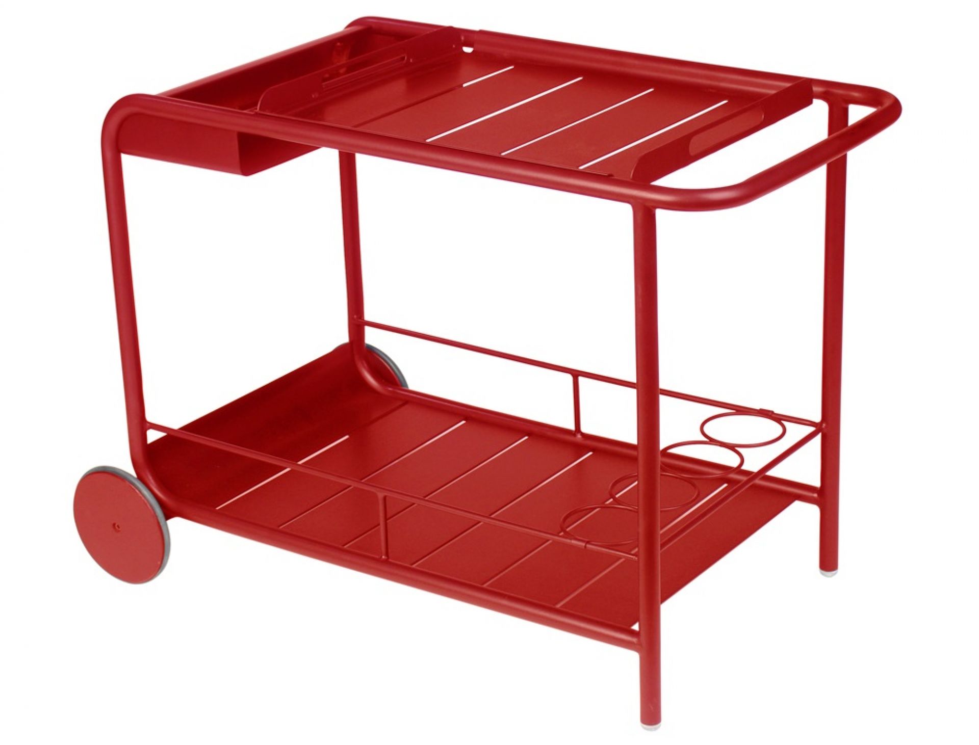 Roter Luxembourg Servierwagen von Fermob für den Außenbereich mit zwei Ablageflächen und Rädern.