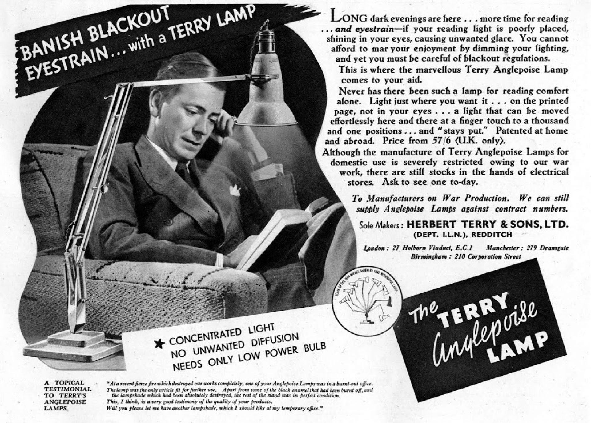 Vintage Terry Anglepoise Lampe Anzeige: Mann liest im Sessel unter der Schreibtischlampe.