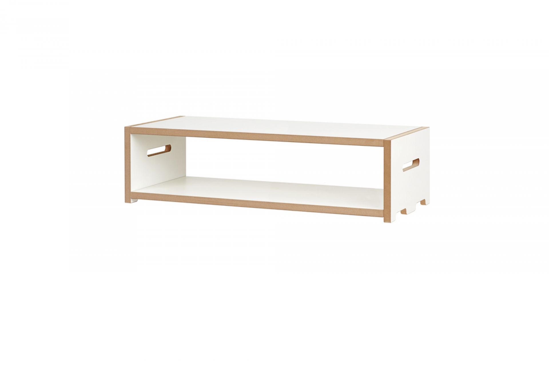 Tojo Hochstapler Grundmodul Niedrig, weißes Regal mit zwei Fächern und Griffmulden für Kinderzimmer.