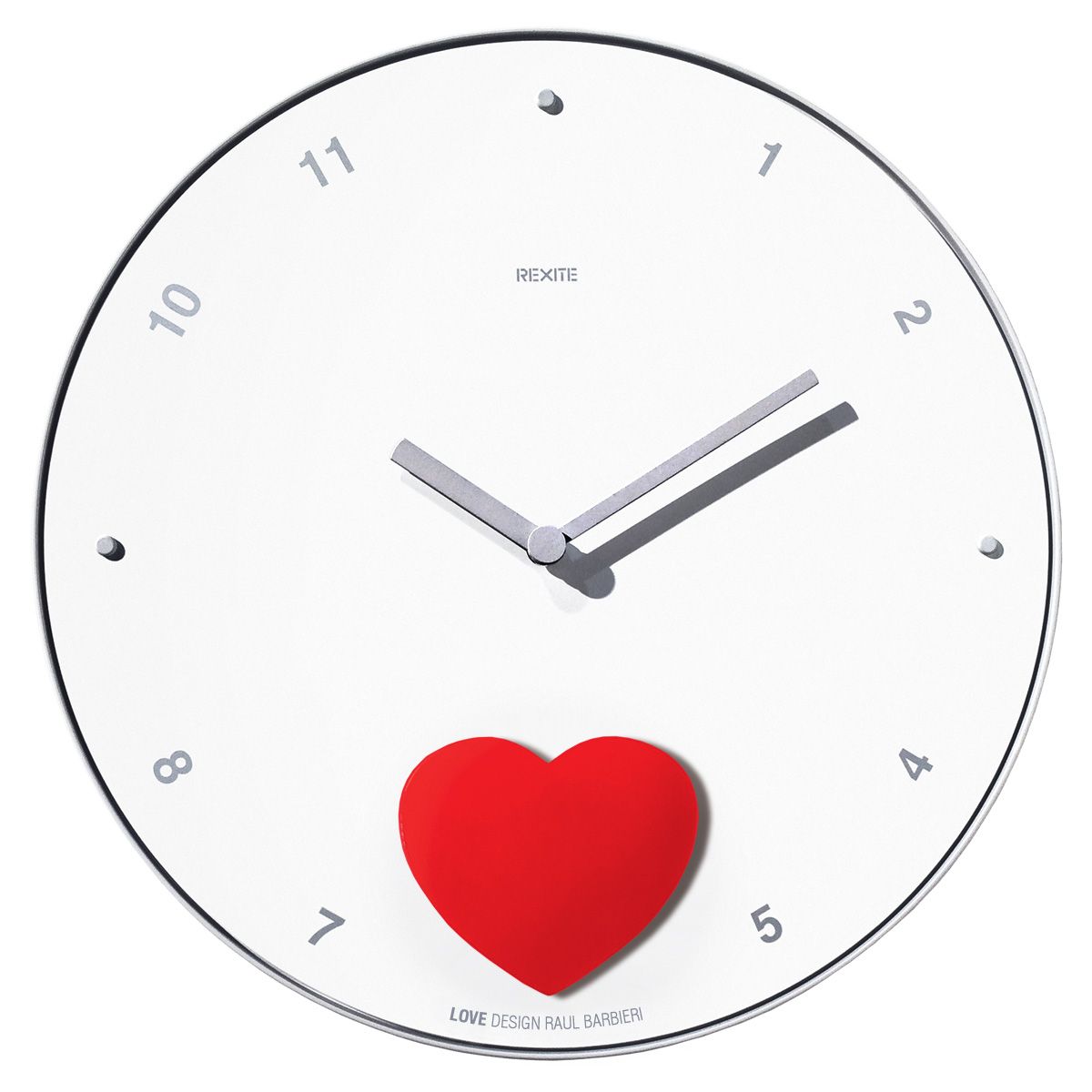 Appuntamento Wanduhr von Rexite: Runde, weiße Design-Wanduhr mit silbernen Zeigern und rotem Herz-Detail.