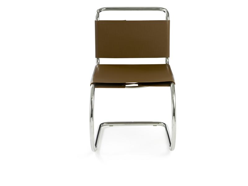 MR Freischwinger Stuhl von Knoll International ohne Armlehne, braunes Leder, verchromtes Stahlrohrgestell, Frontansicht.
