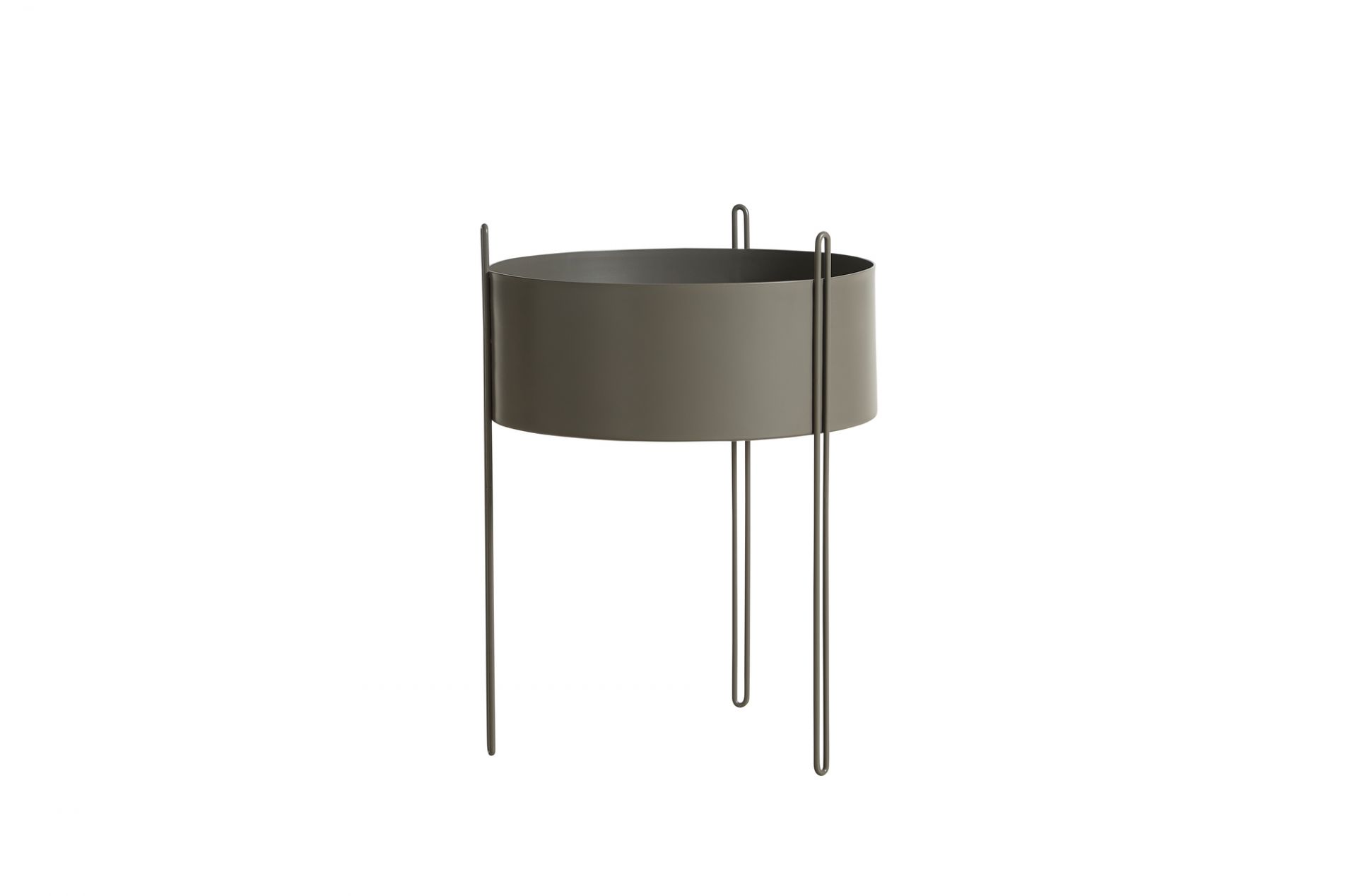 Pidestall Pflanzgefäß in Taupe von Woud: Moderner, runder Blumentopf auf filigranem Metallgestell.