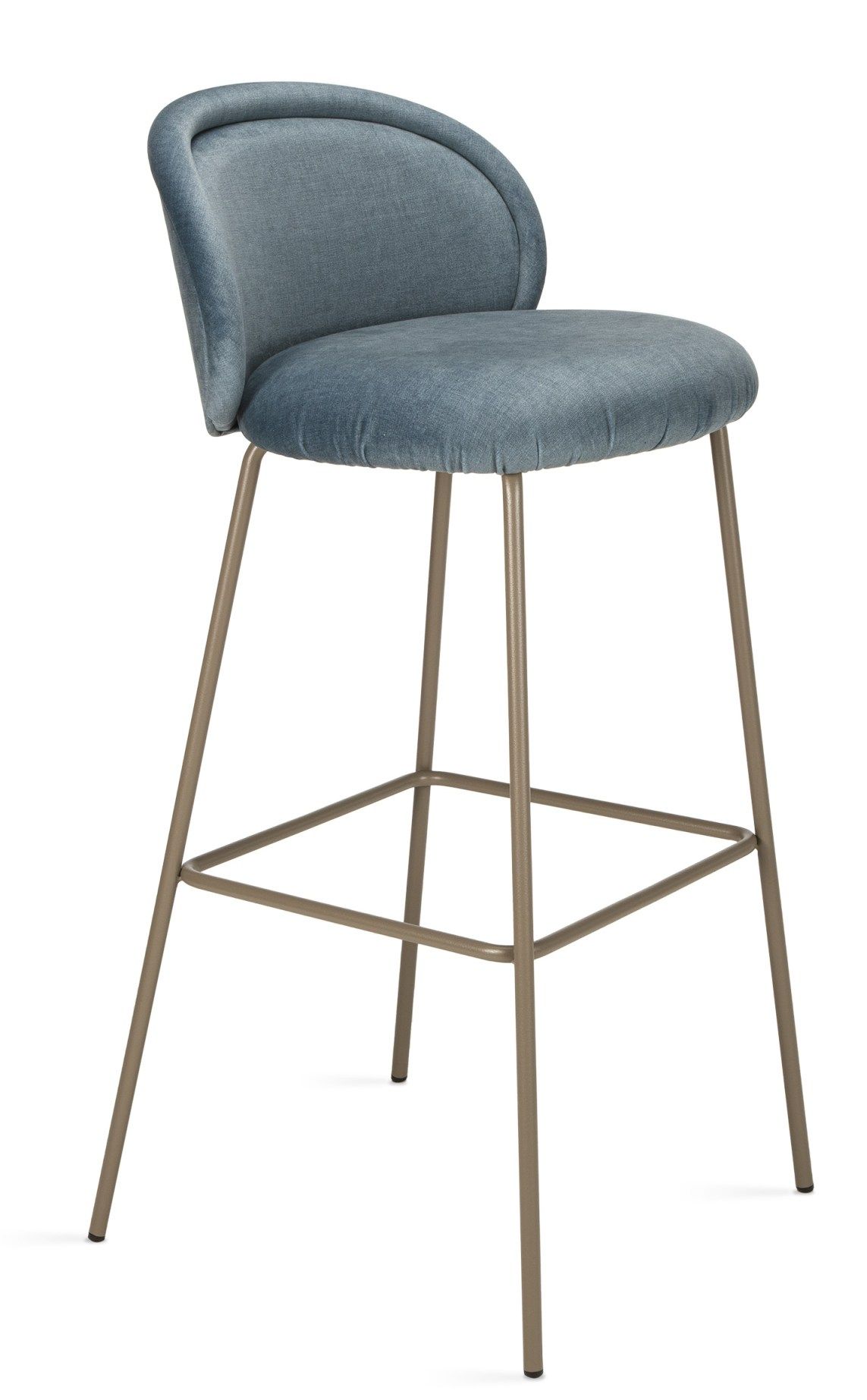 Ona Barstuhl von Freifrau Manufaktur: Blauer Barhocker mit Rückenlehne und Metallgestell für Küche oder Bar.