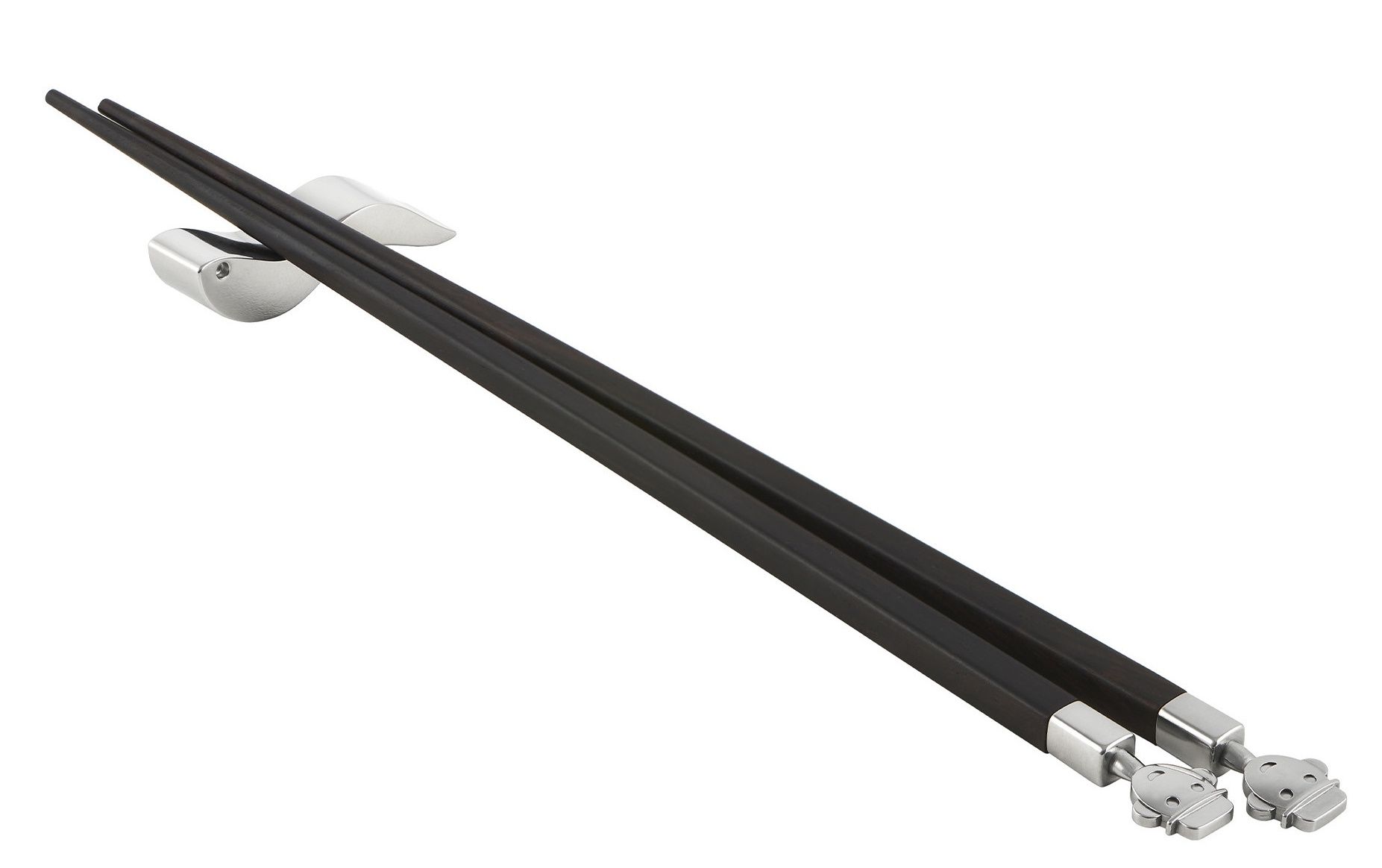 Alessi Anna Stick Essstäbchen Set AM44SET2 aus dunklem Holz mit silbernen Halterungen.