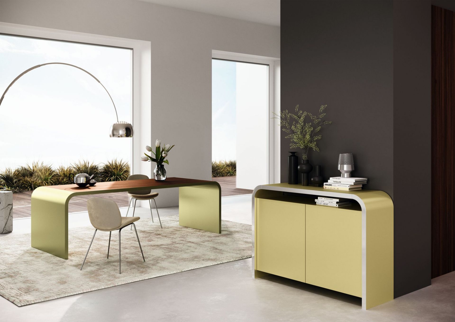 Müller Möbelfabrikation M10-2 Tisch: Moderner Esstisch mit Holzplatte und farbigem Untergestell im minimalistischen Wohnraum.