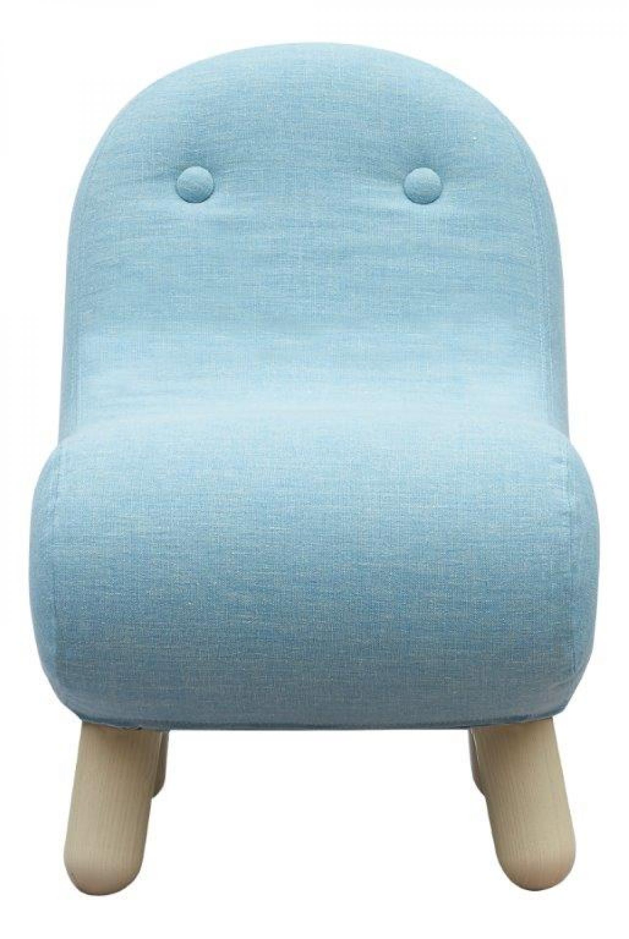 Hellblauer Bob Sessel mit Knopfdetails und Holzfüßen. Bequemer Polstersessel für Kinderzimmer oder Wohnbereich.