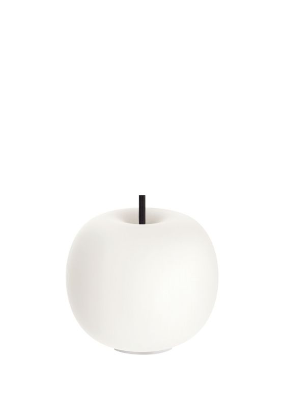 Weiße Kushi Tischleuchte von Kdln, modernes Design, Apfelform mit schwarzem Stiel, stimmungsvolle Beleuchtung.